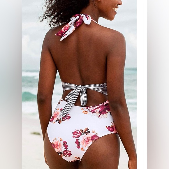 CUPSHE Women's Tie Waist Floral Print One Piece Swimsuit Halter Swimwear Size L - Picture 4 of 6